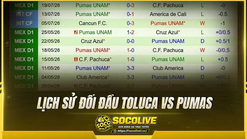 Lịch sử đối đầu Toluca vs Pumas được Socolive tổng hợp Lịch sử đối đầu Toluca vs Pumas được Socolive tổng hợp