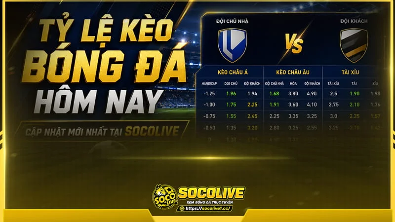 Tại Socolive tỷ lệ kèo nhà cái được tổng hợp theo từng cặp đấu