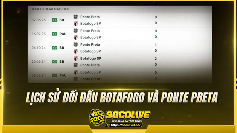 Lịch sử đối đầu Botafogo và Ponte Preta được Socolivetv tổng hợp Lịch sử đối đầu Botafogo và Ponte Preta được Socolivetv tổng hợp