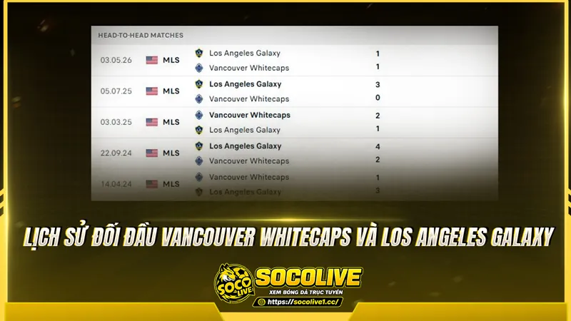 Lịch sử đối đầu Vancouver Whitecaps và Los Angeles Galaxy được Socolivetv tổng hợp Lịch sử đối đầu Vancouver Whitecaps và Los Angeles Galaxy được Socolivetv tổng hợp